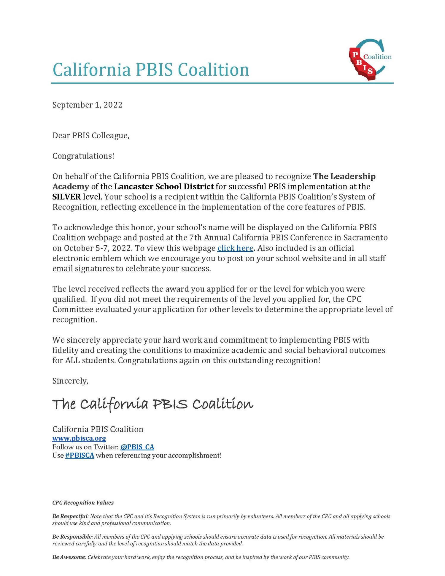 PBIS Award Letter 2022